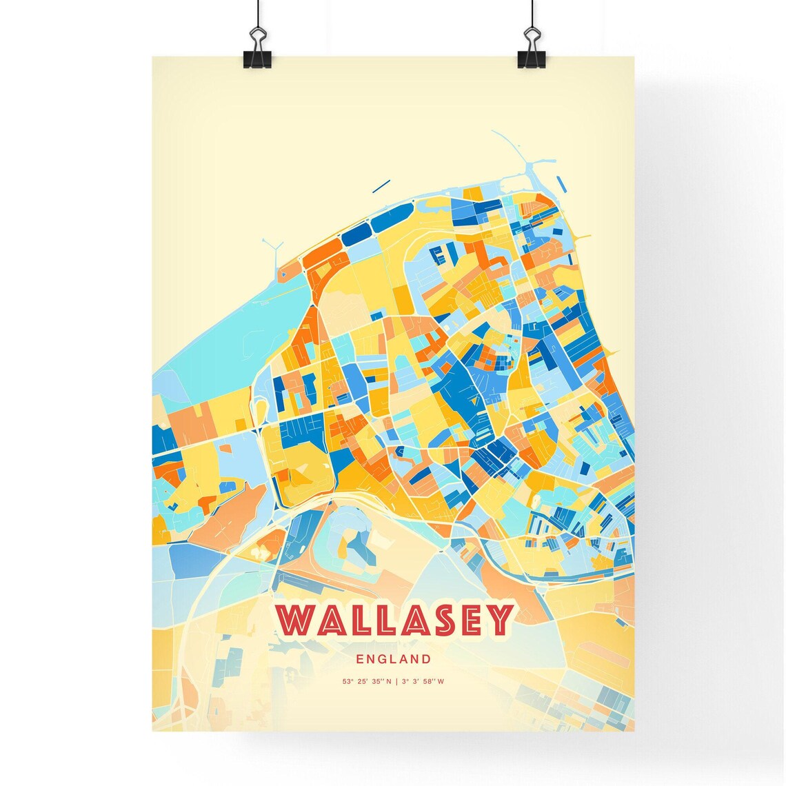 Wallasey England Colorful Blue and Orange Retro City Street Map Wall Art - Image 3