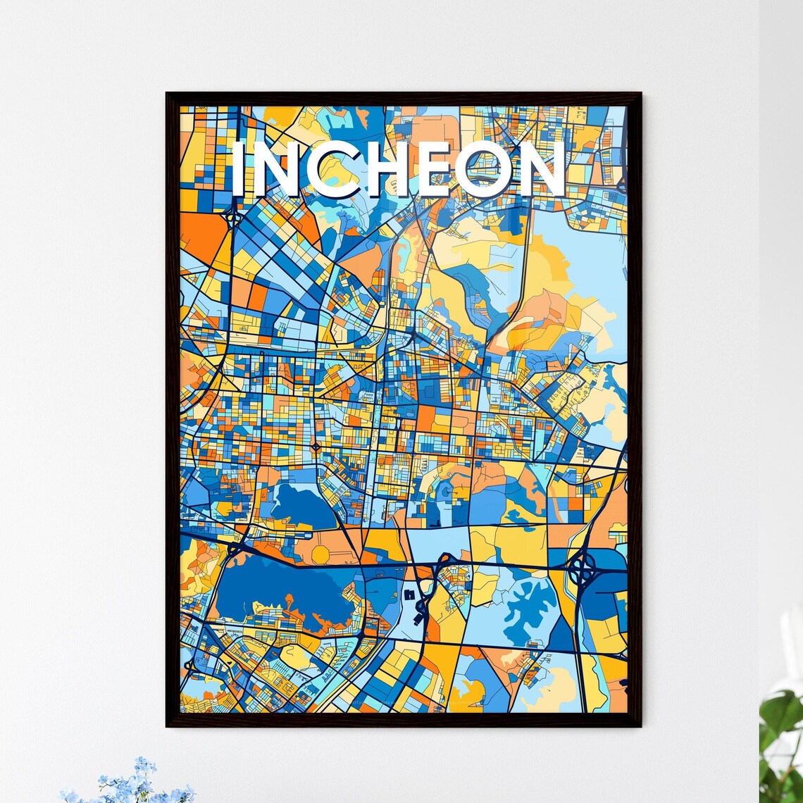 Incheon South Korea Bold City Map Art Poster in Navy Orange and Yellow