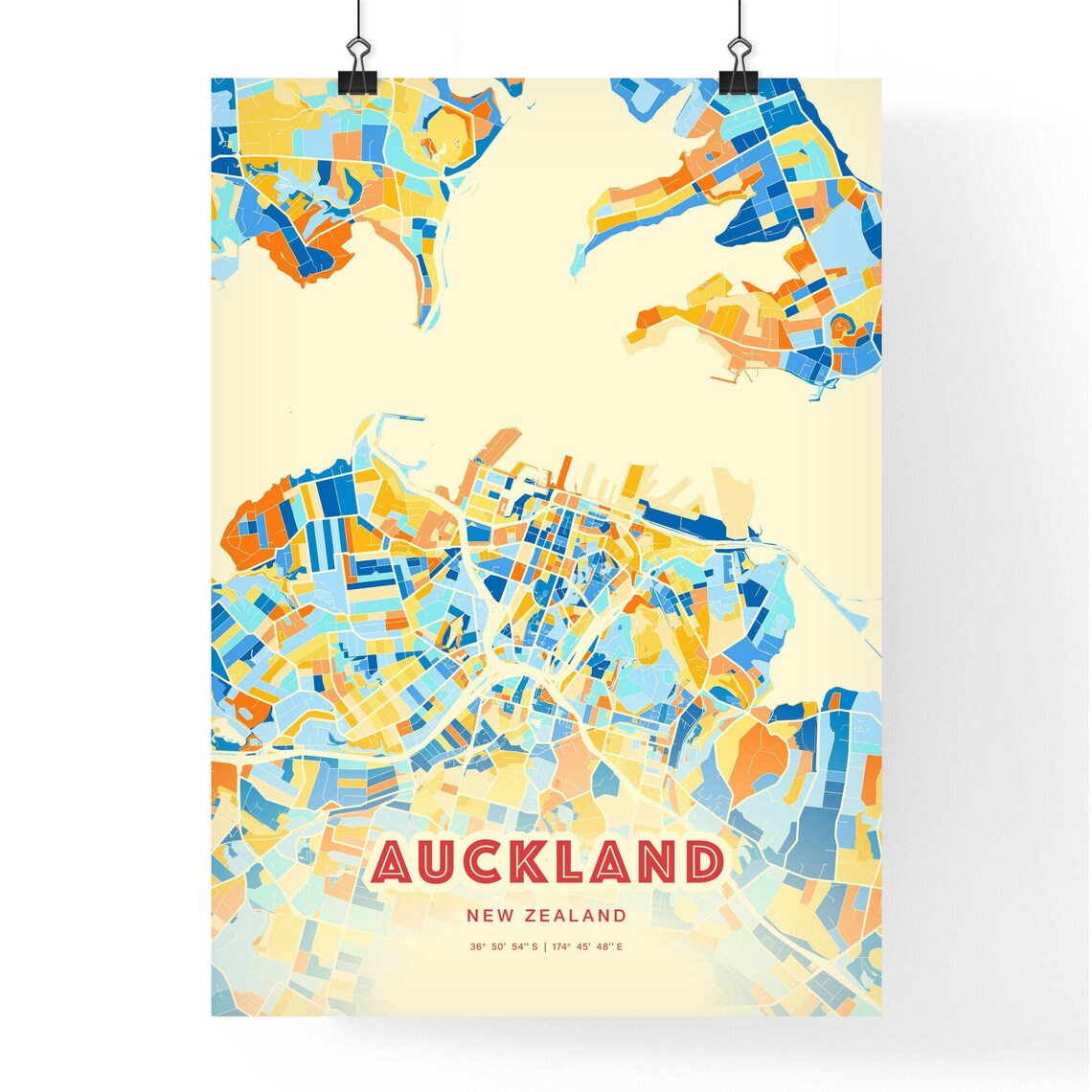 Auckland New Zealand Colorful City Map Art Poster Blue Orange Harbor - Image 3