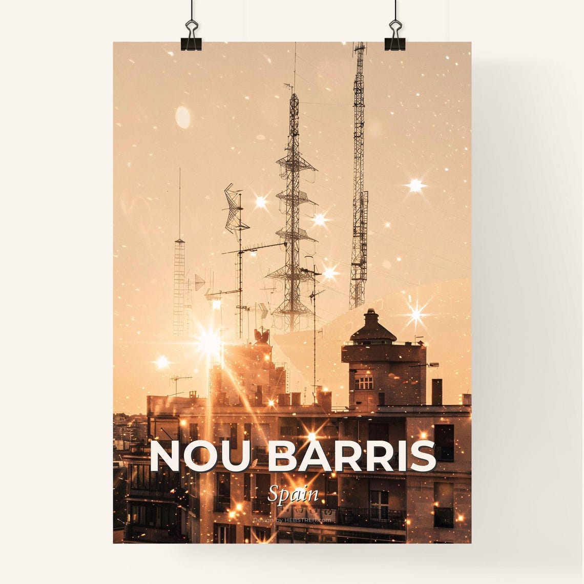 Nou Barris Spain Sunset Rooftop Antennas Sparkling Art Poster - Image 4