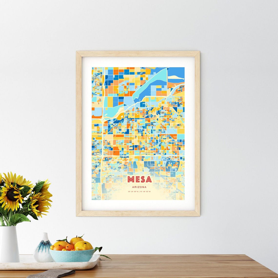 Mesa Arizona Colorful Blue Orange City Street Map Coordinates Poster - Image 2