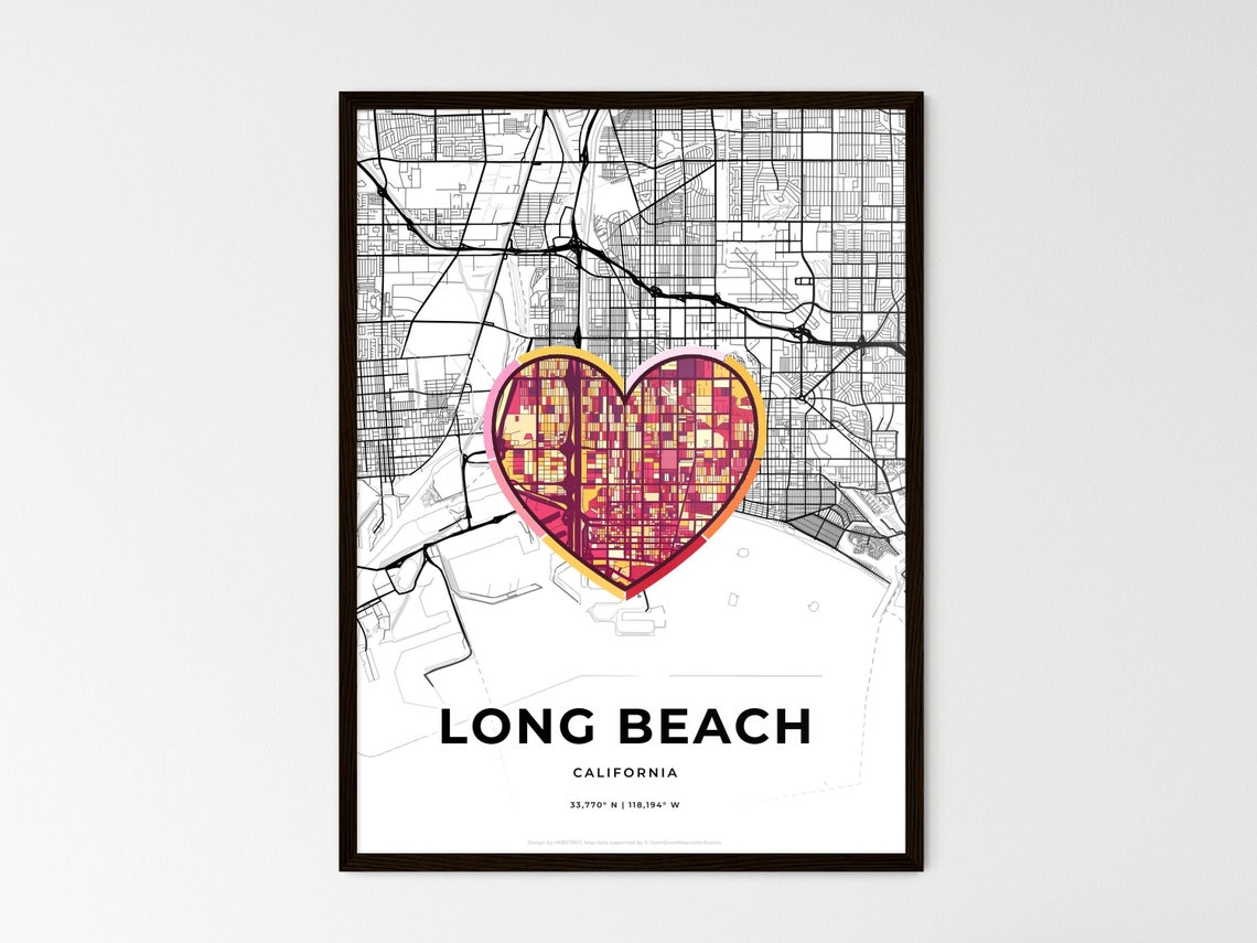 Long Beach California Minimal Map Art With Colorful Heart Icon Poster