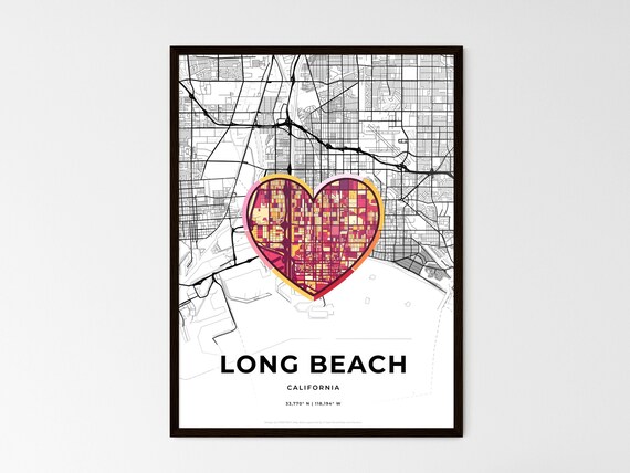 Long Beach California Minimal Map Art With Colorful Heart Icon Poster