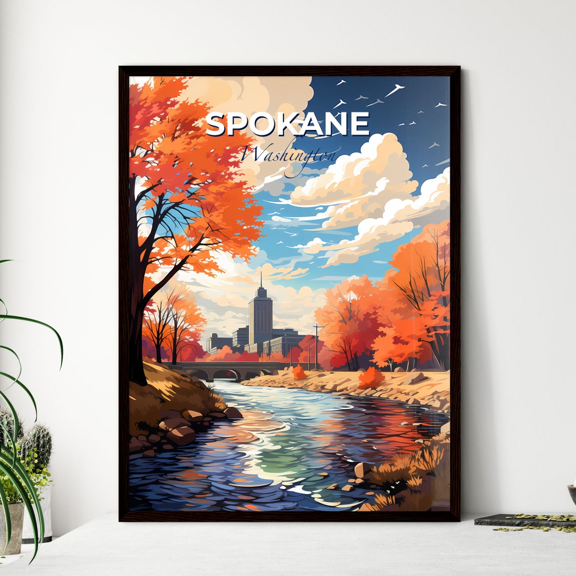 Spokane Washington Autumn River Orange Trees City Bridge Poster