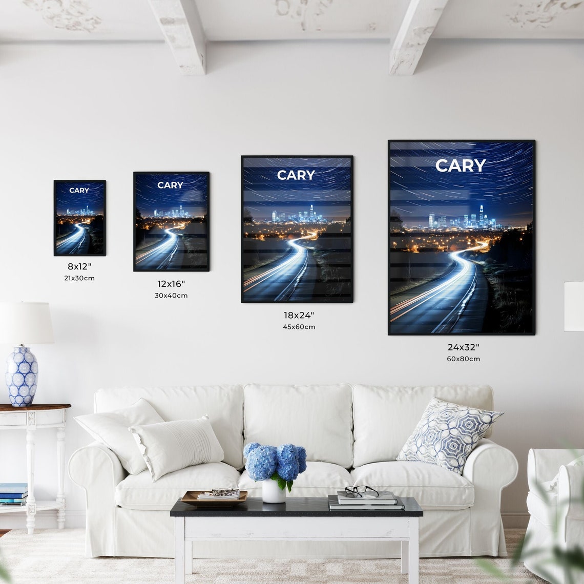 Cary Night Skyline Road Light Trails Under Starry Sky Poster - Image 3