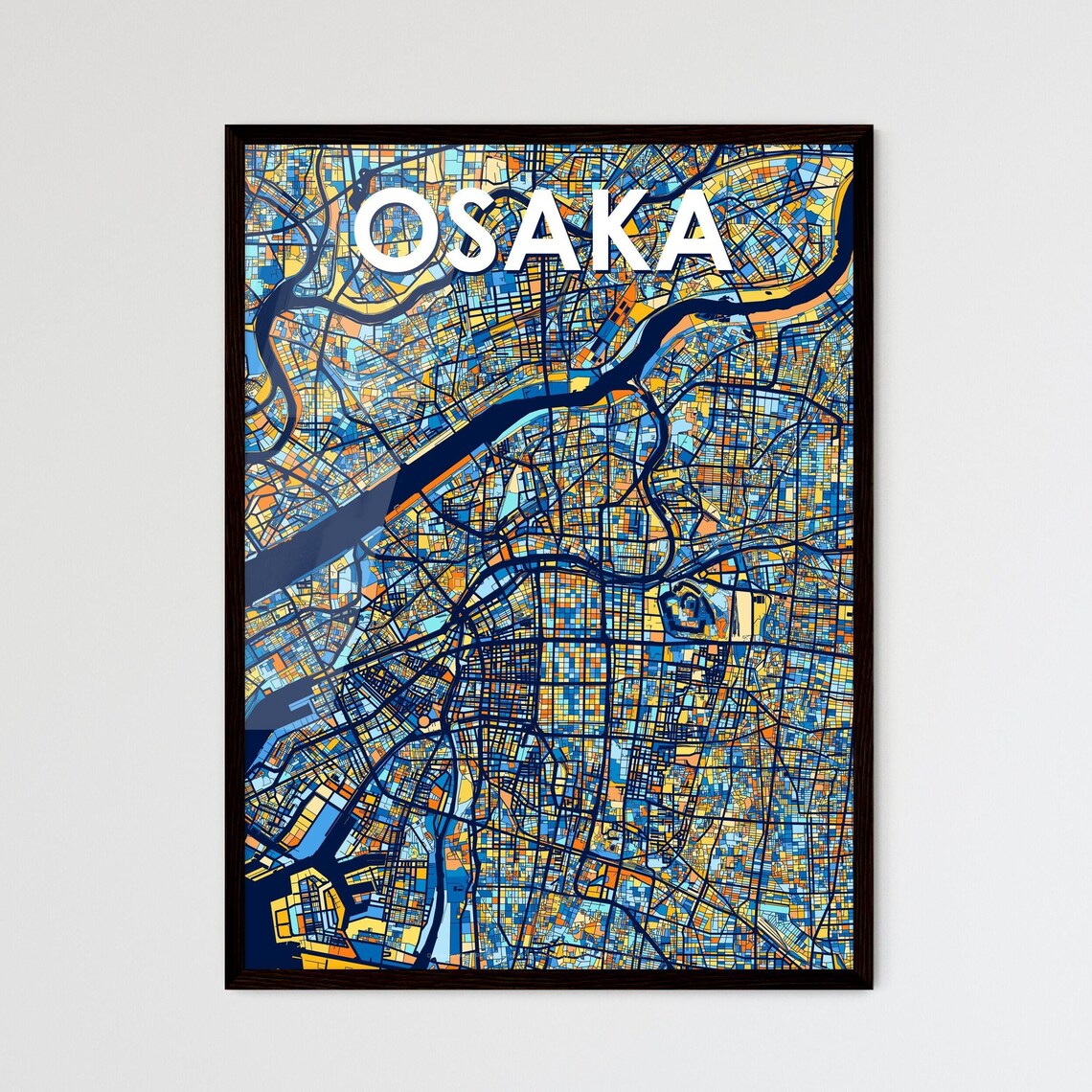 Osaka Japan Stylish Vibrant Blue and Orange Mosaic City Map Poster