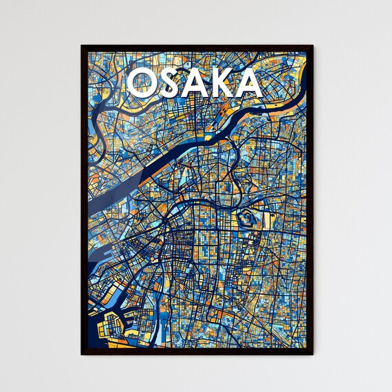 Osaka Japan Stylish Vibrant Blue and Orange Mosaic City Map Poster