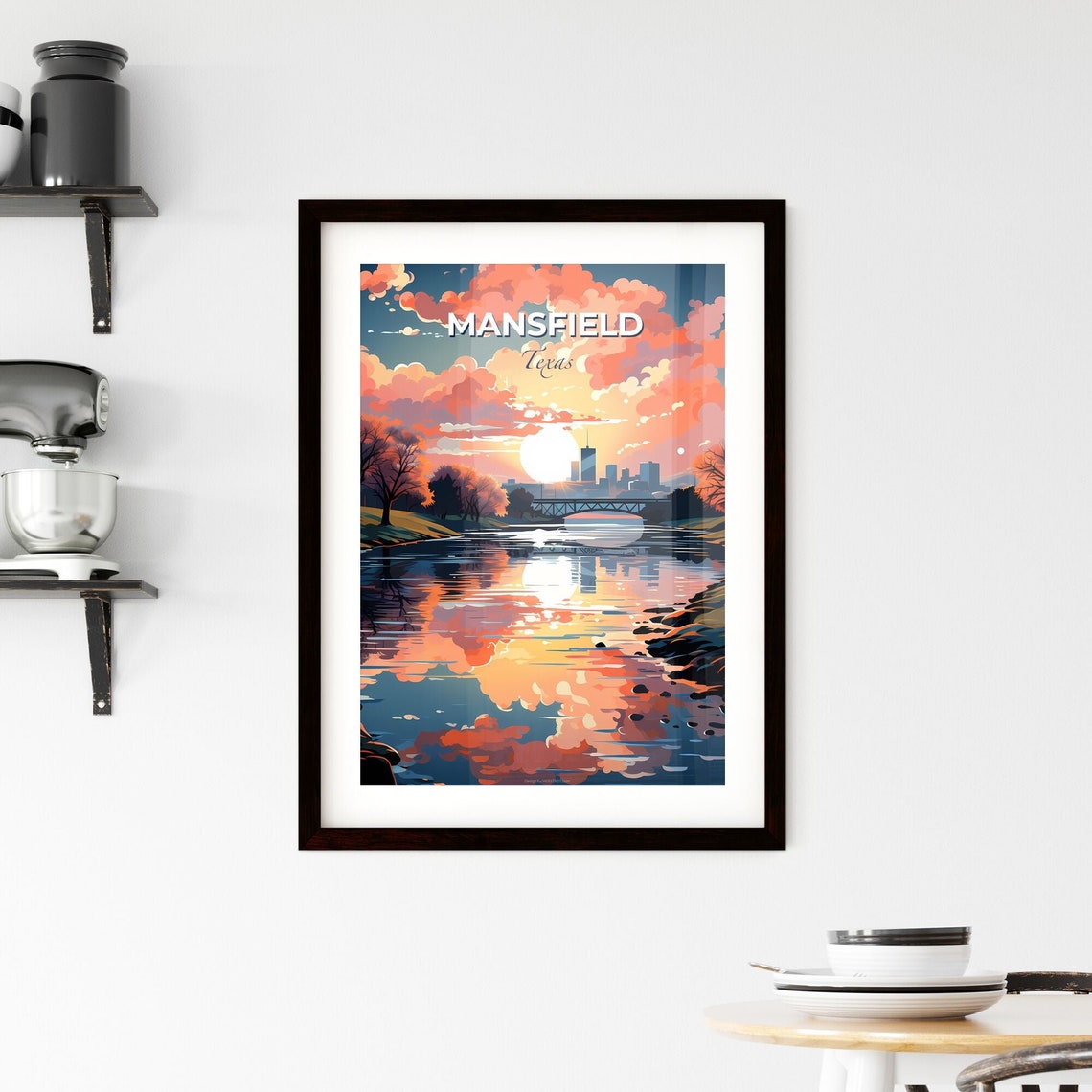 Mansfield Texas Sunset River Bridge Skyline Reflection Poster - Image 2