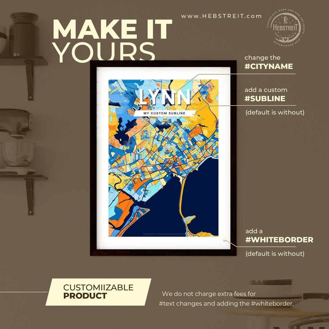 Lynn Massachusetts Geometric Blue and Orange City Map Poster - Image 2