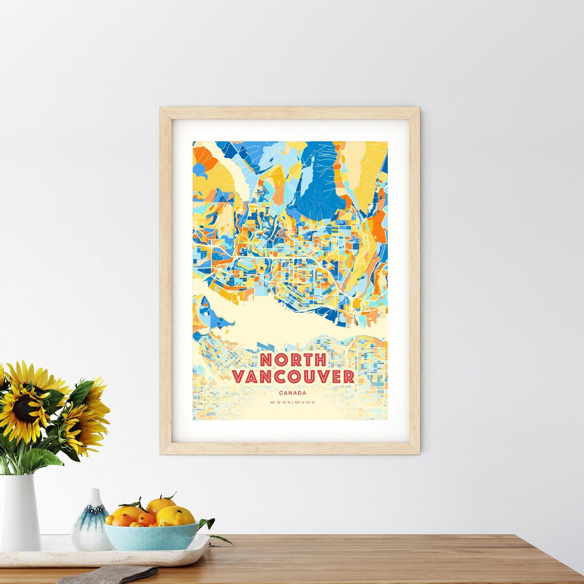 North Vancouver Canada Colorful Blue and Orange Retro City Street Map Wall Art - Image 2