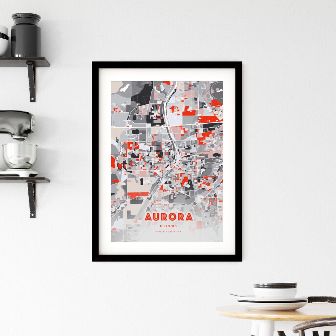 Aurora Illinois Modern Red Expressive City Map Poster with Coordinates - Image 2