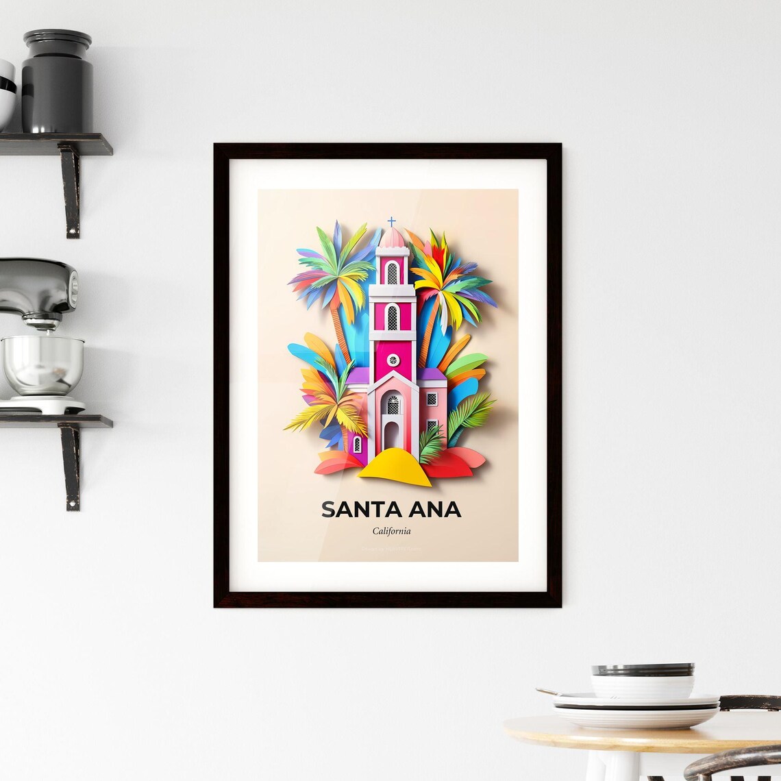 Santa Ana California Pink Church Tower Paper Cut Palm Trees Poster - Image 2