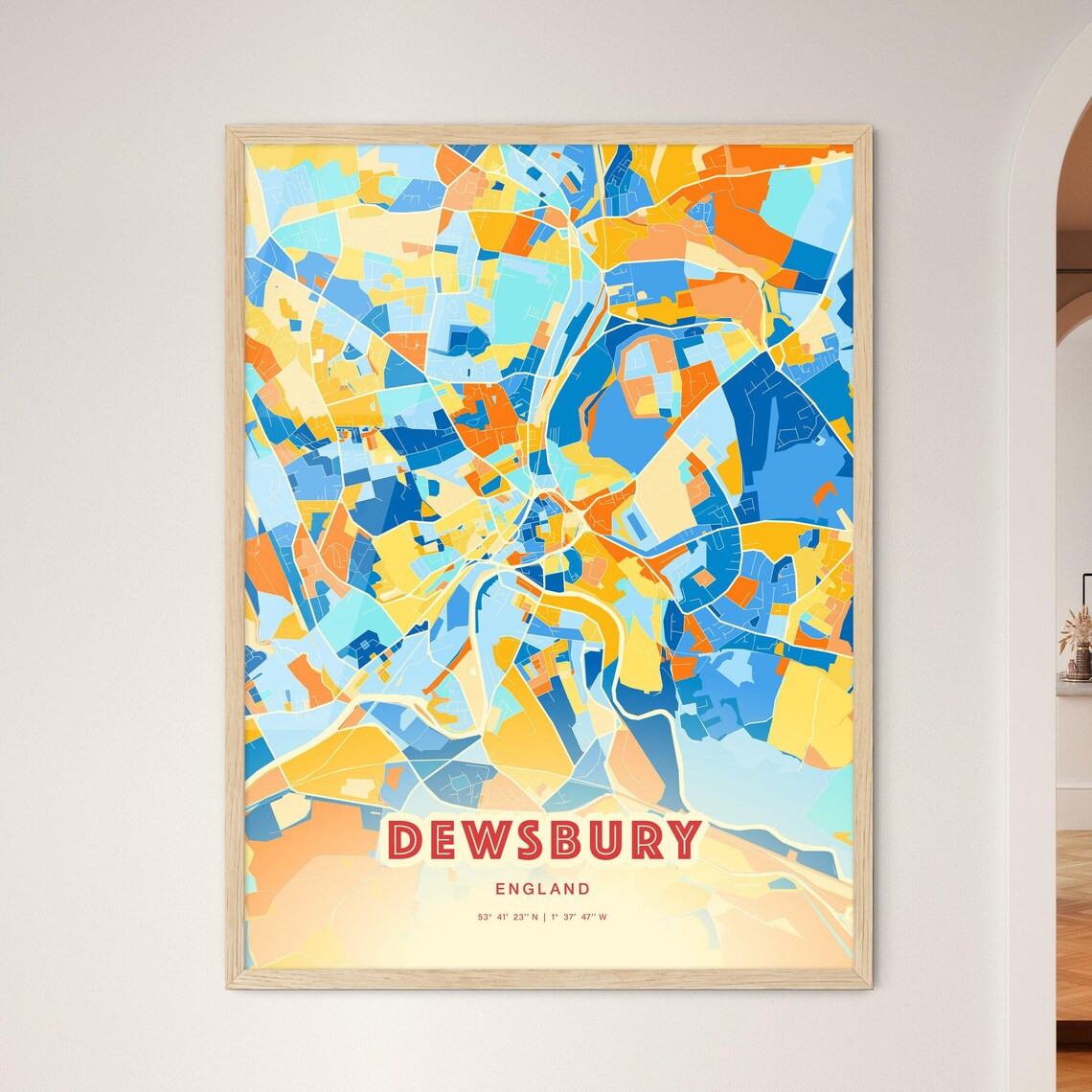 Dewsbury England Colorful Blue and Orange Retro City Street Map Wall Art
