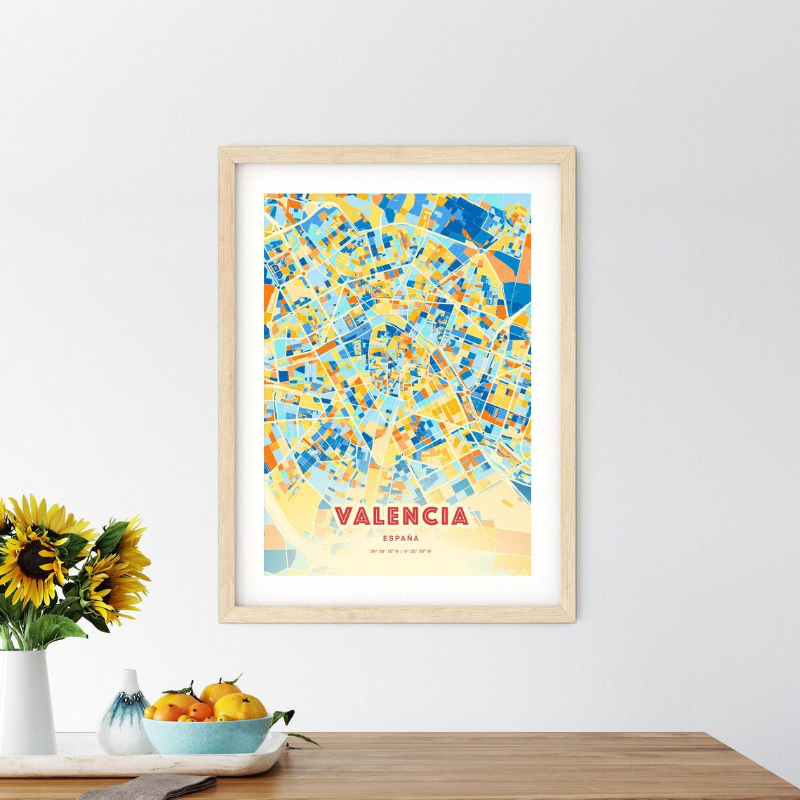 Valencia Spain Modern Geometric Blue Orange City Map Art Poster - Image 2