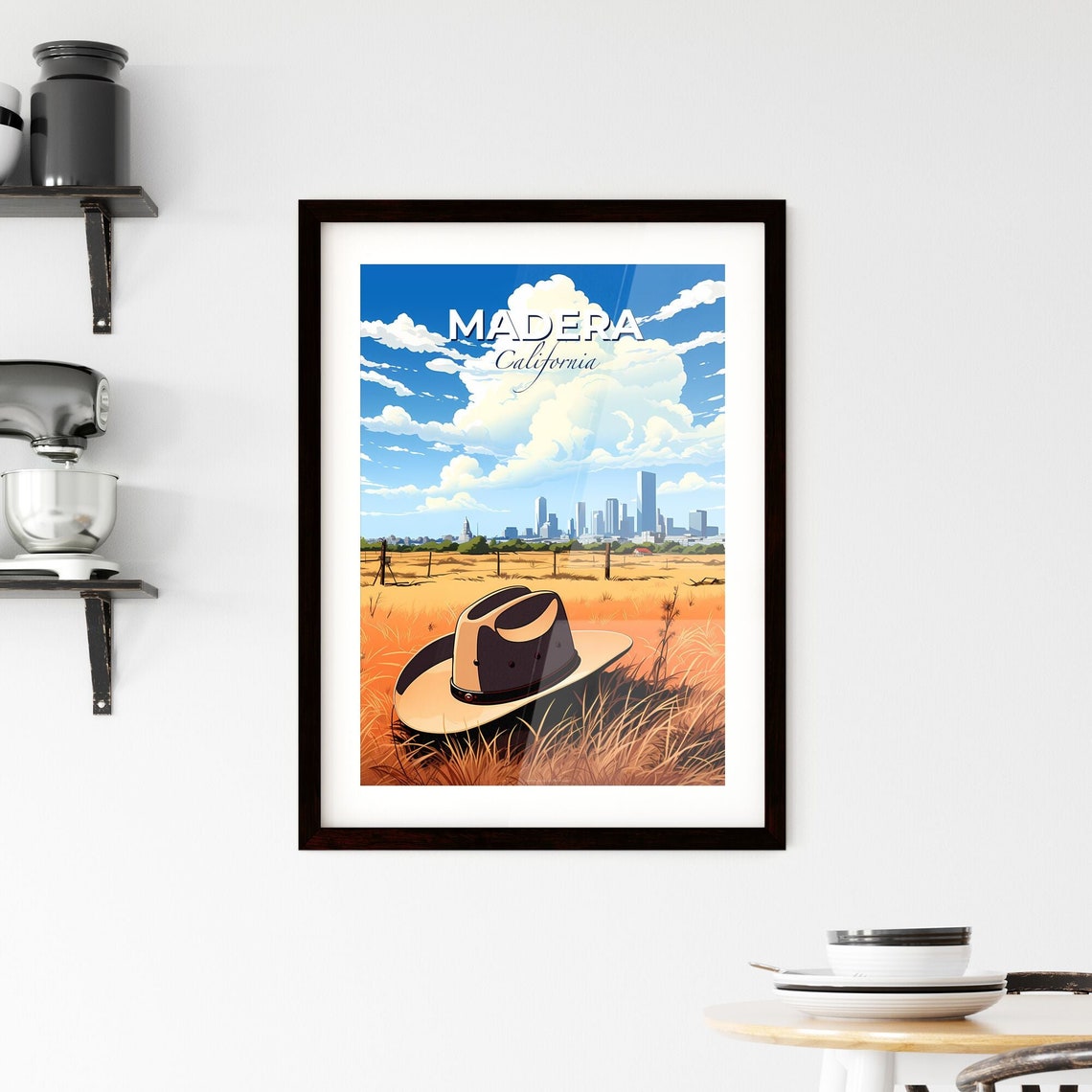 Madera California Cowboy Hat Wheat Field Skyline Scene Poster - Image 2
