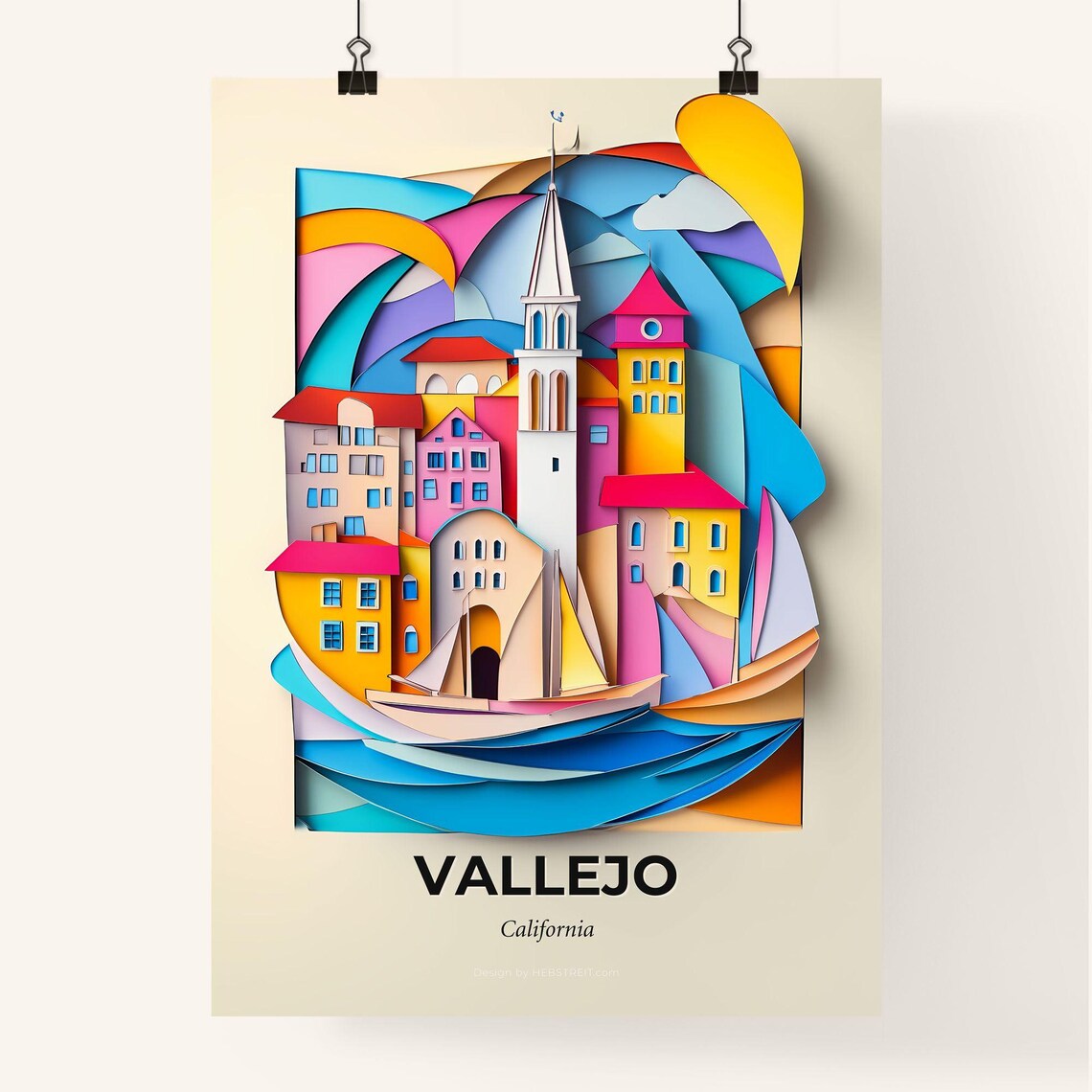 Vallejo California Waterfront Town Sailboats Paper Cut Poster - Image 4