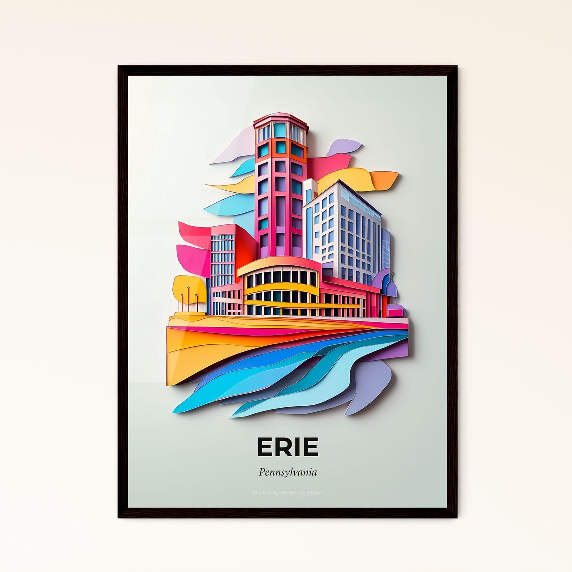 Erie Pennsylvania Colorful Paper Cut Lake City Skyline Poster