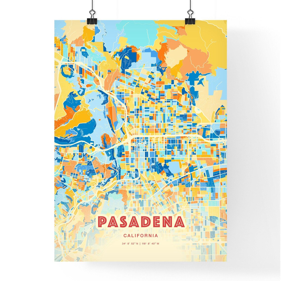 Pasadena California Colorful City Map Art Poster Blue And Orange Grid Design - Image 3