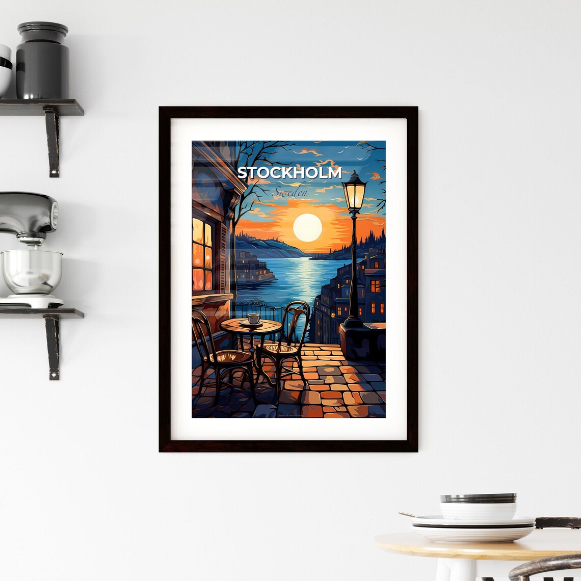Stockholm Sweden Terrace Cafe Sunset Over Water Travel Poster - Image 2