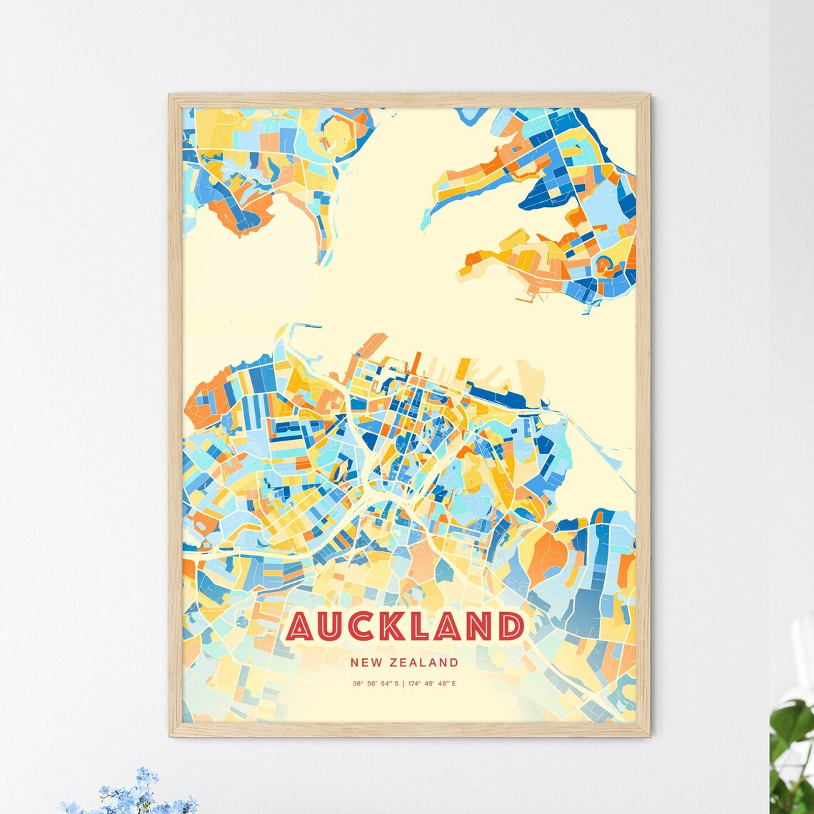 Auckland New Zealand Colorful City Map Art Poster Blue Orange Harbor