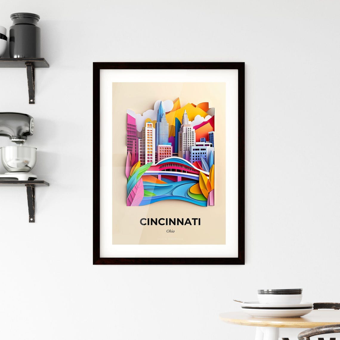Cincinnati Ohio Colorful Paper Cut Bridge River Skyline Poster - Image 2