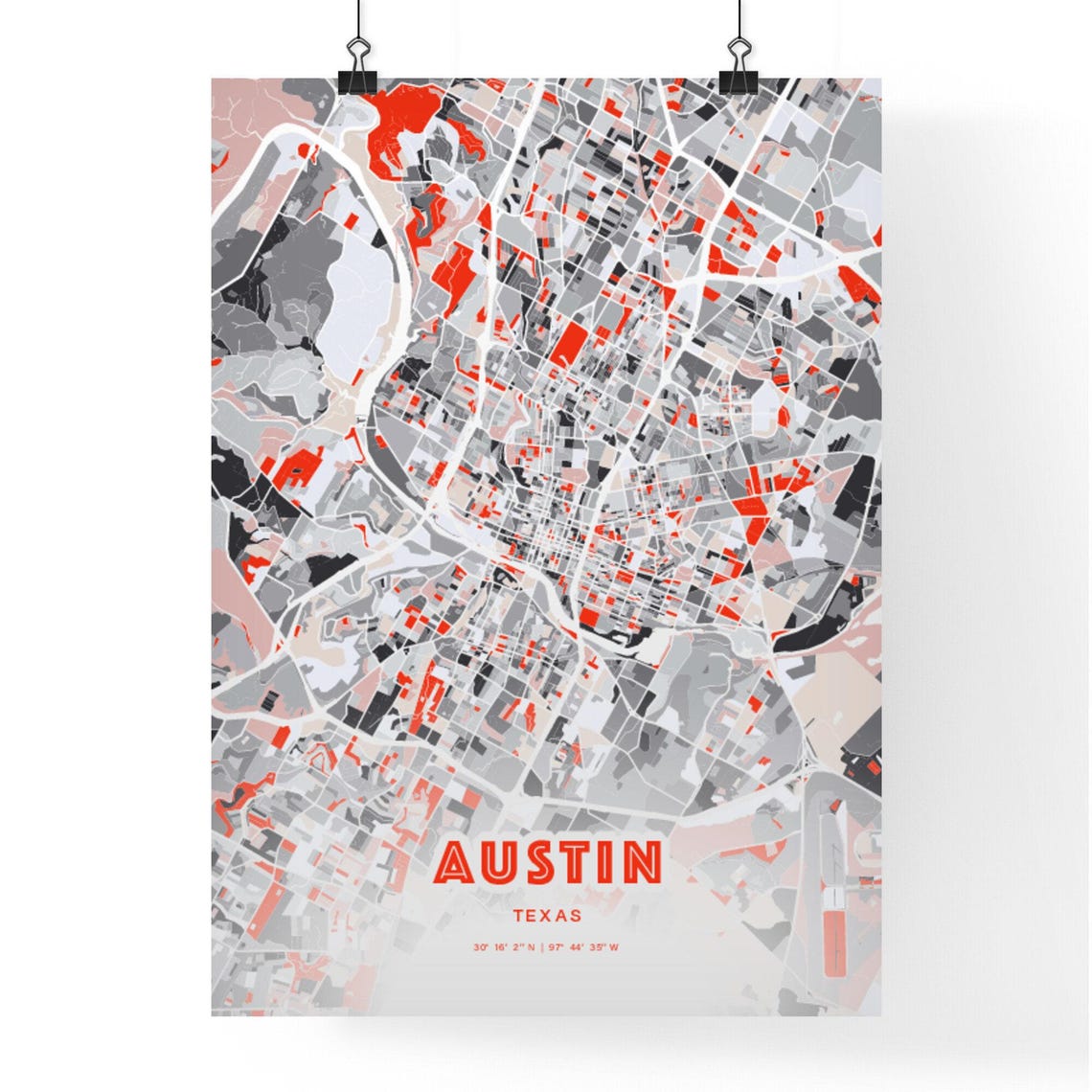 Austin Texas Expressive Bold Red City Street Map Artwork Poster - Image 3