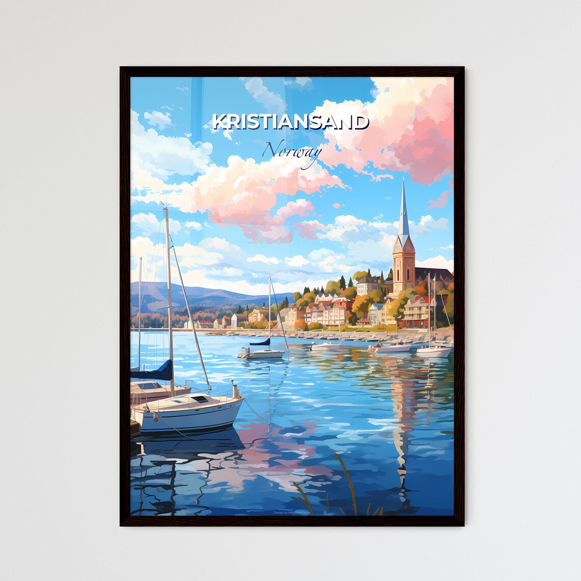Kristiansand Norway Sailboat Harbor Church Spire Travel Art Poster