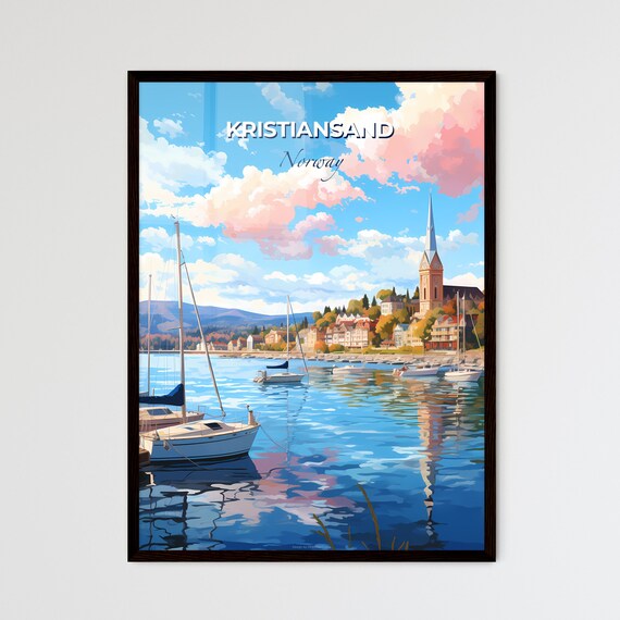 Kristiansand Norway Sailboat Harbor Church Spire Travel Art Poster