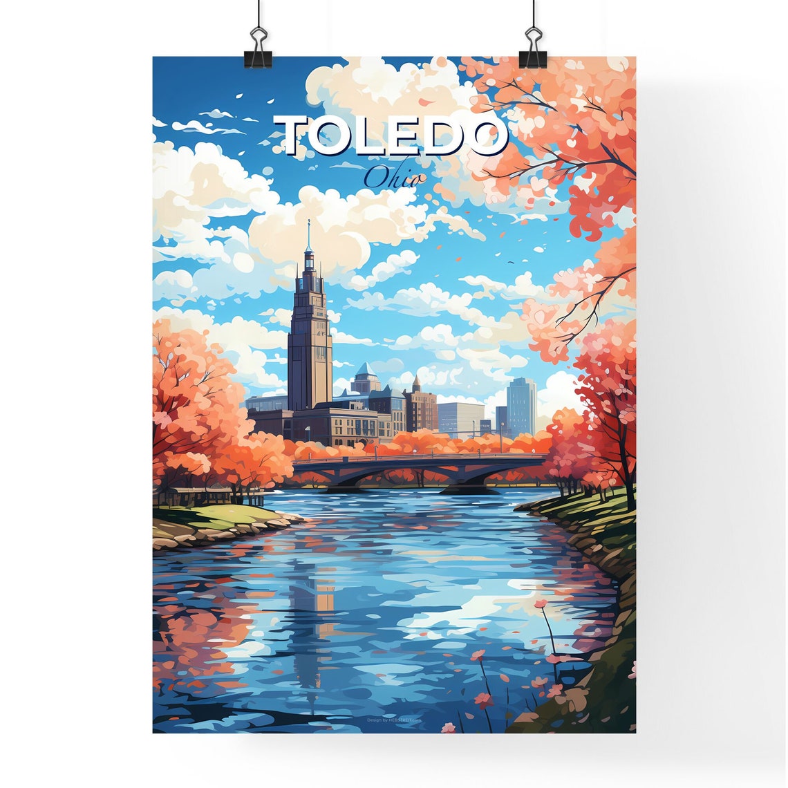 Vivid Toledo Ohio Cherry Blossom River Bridge Skyline Poster - Image 4
