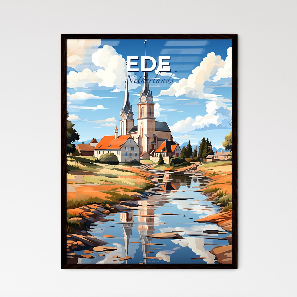 Ede Netherlands Twin Spire Church Riverside Vintage Travel Poster