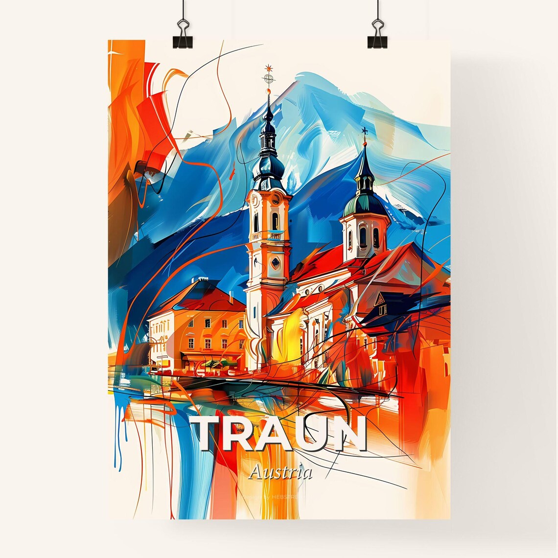 Traun Austria Colorful Abstract Church Towers Mountain Art Poster - Image 4