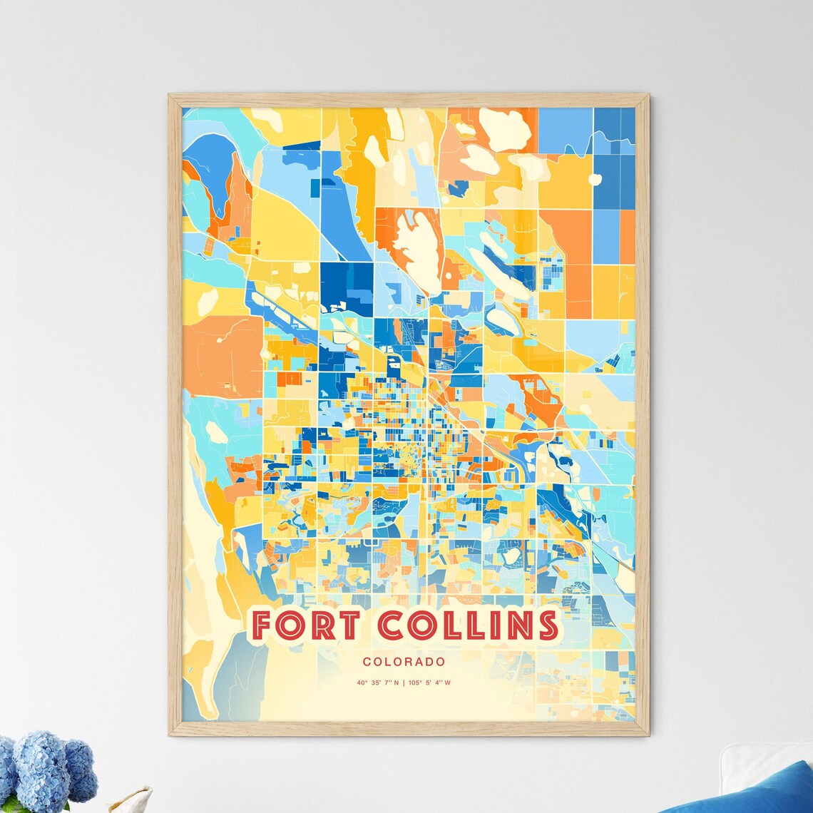 Fort Collins Colorado Colorful Blue and Orange City Map Art Poster