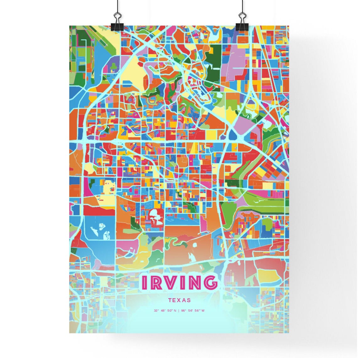 Irving Texas Crazy Colorful Modern City Street Map Art Poster - Image 3