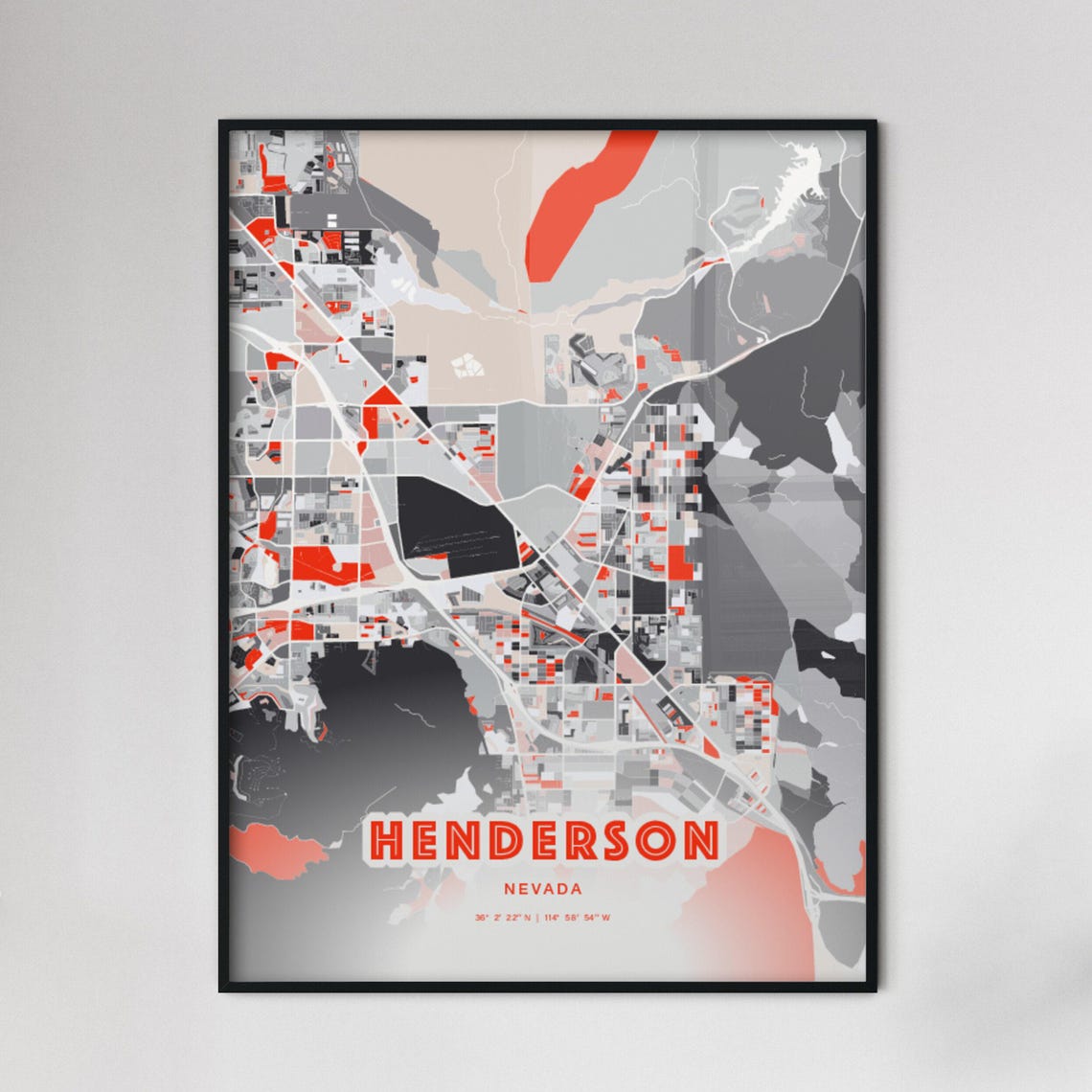 Henderson Nevada Modern Expressive Red Gray City Map Art Poster