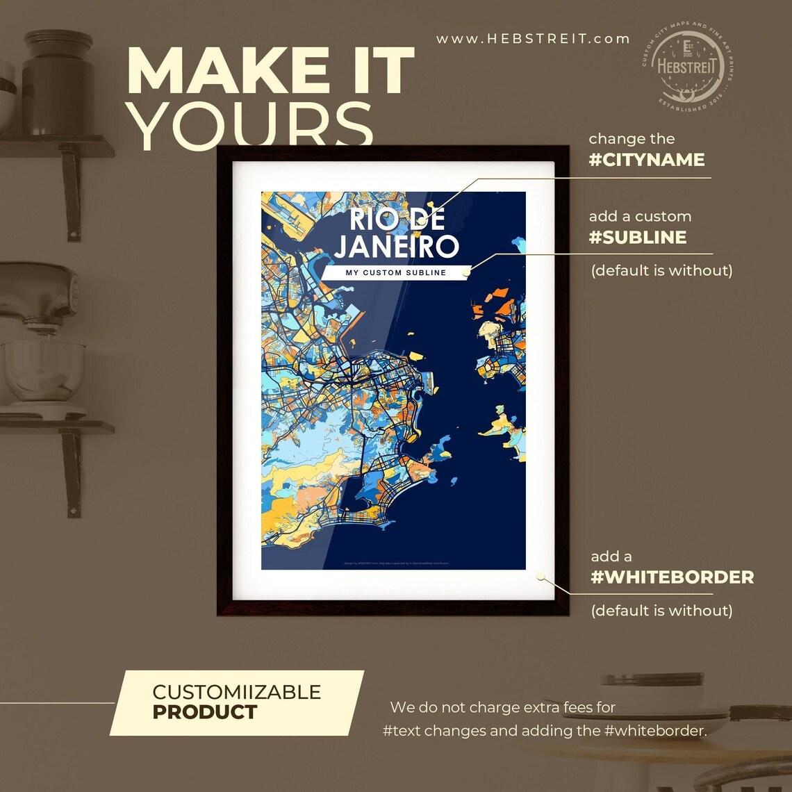 Rio de Janeiro Brazil Stylish Vibrant Blue and Orange Mosaic City Map Poster - Image 2