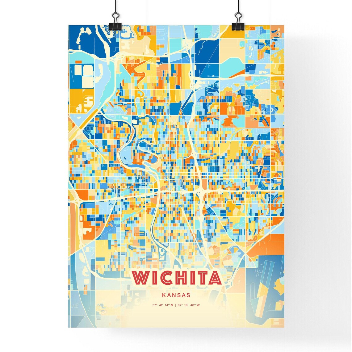 Wichita Kansas City Street Map Art Poster Blue Orange Coordinates - Image 3