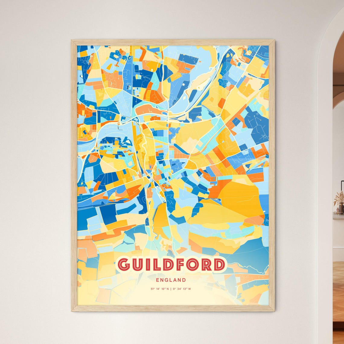 Guildford England Vibrant Blue Orange Street Map Art Decor City Poster