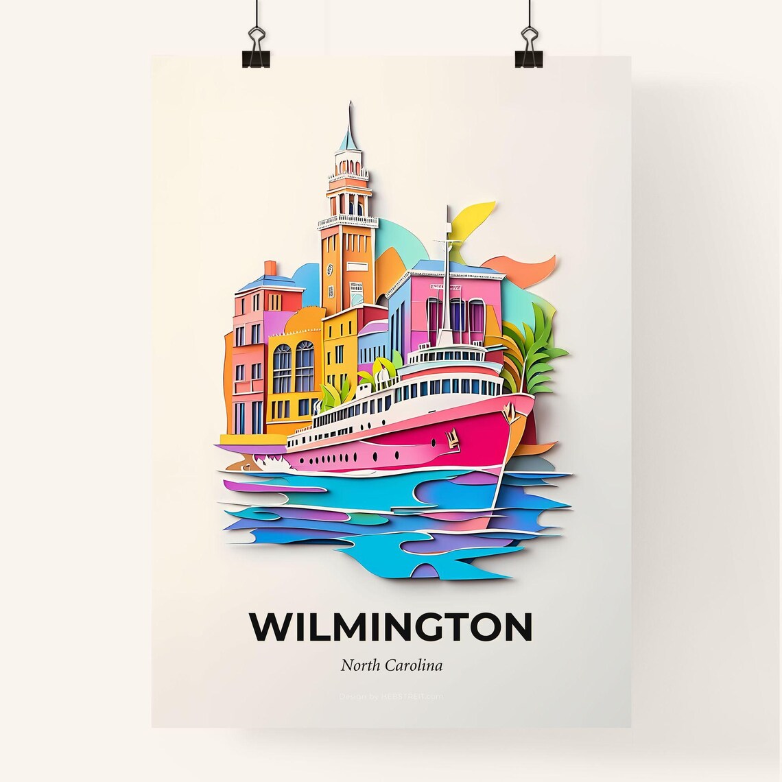 Wilmington North Carolina Cruise Ship Colorful Paper Cut Poster - Image 4