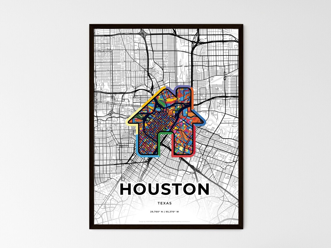 Houston Texas Minimal City Map Colorful Heart Icon Art Poster - Image 3
