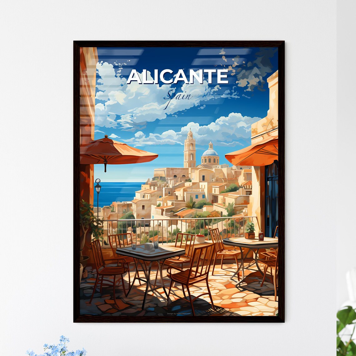 Alicante Spain Sunny Cafe Terrace Over Old Town Sea View Poster
