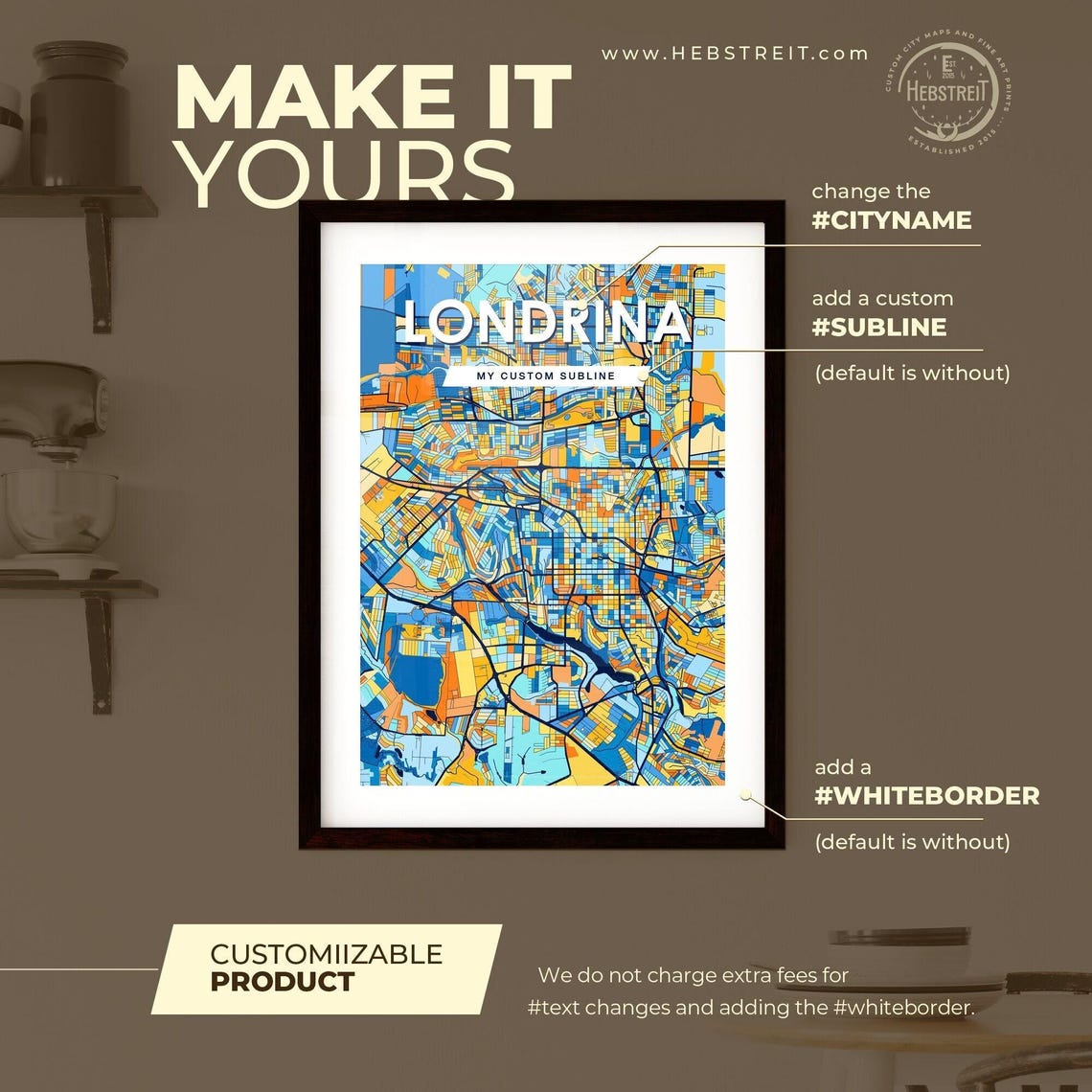 Londrina Brazil Stylish Vibrant Blue and Orange Mosaic City Map Poster - Image 2