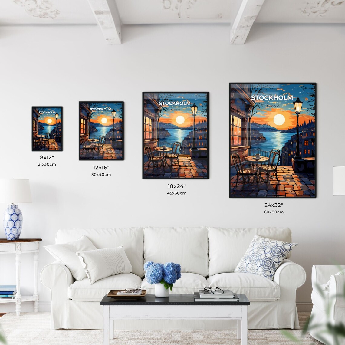 Stockholm Sweden Terrace Cafe Sunset Over Water Travel Poster - Image 3