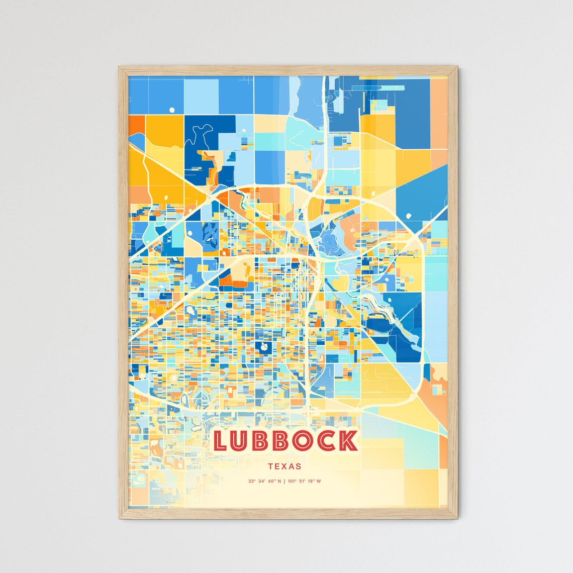 Lubbock Texas Modern Geometric Blue Orange City Map Art Poster