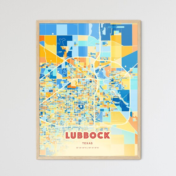 Lubbock Texas Modern Geometric Blue Orange City Map Art Poster