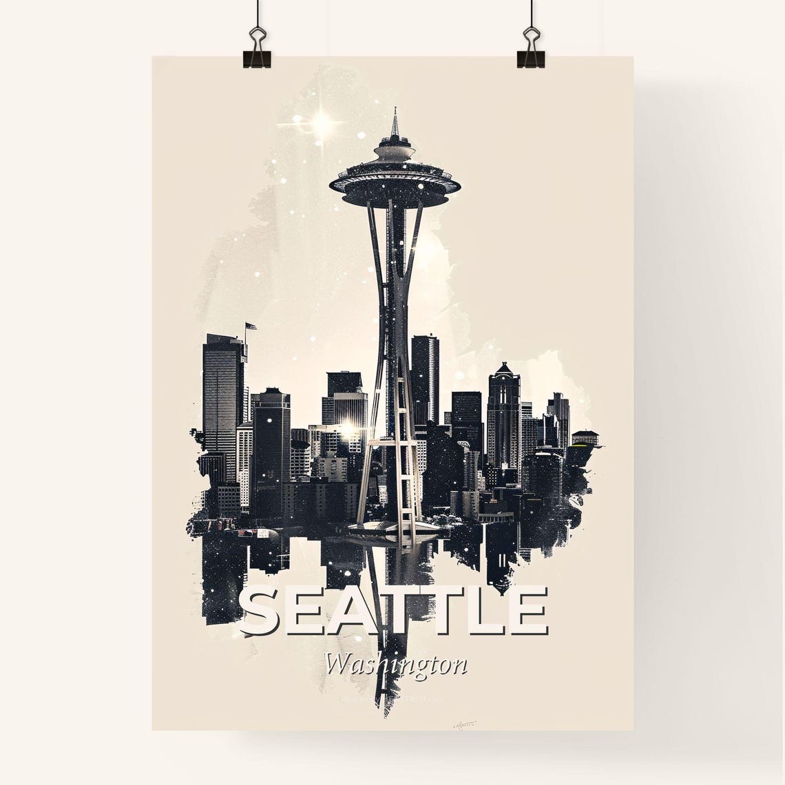 Seattle Washington Space Needle Monochrome Skyline Art Poster - Image 4