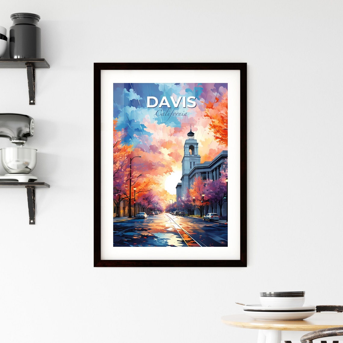 Davis California Sunset Street Bell Tower Autumn Trees Poster - Image 2