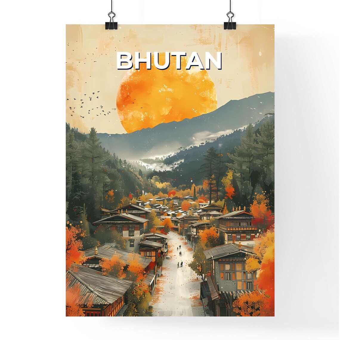 Bhutanese Town Art Painting South Asia Traditional Culture Architecture Travel Landscape Travel Destinations Customizable - Image 4
