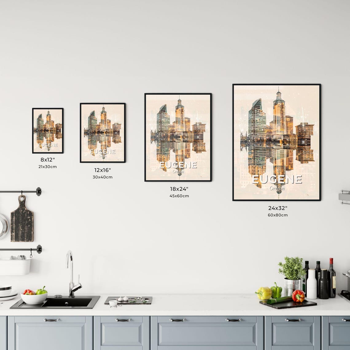 Eugene Oregon Mirrored Skyline Golden Double Exposure Poster - Image 3
