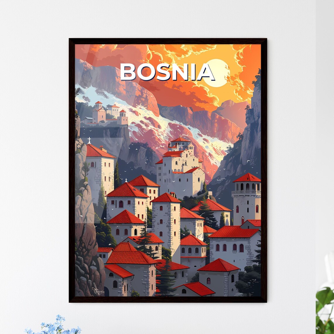 Bosnia Historic Red Roofed Mountain Village Sunset Travel Poster