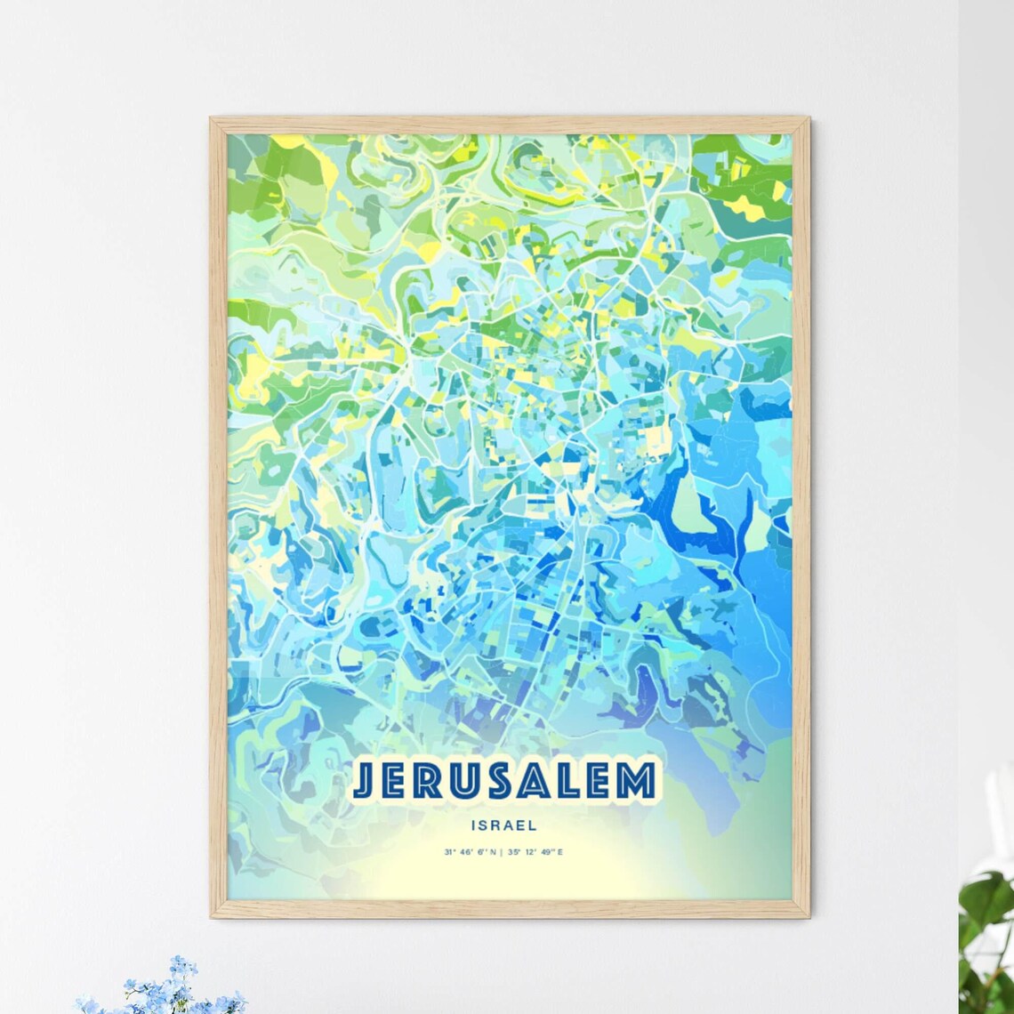 Jerusalem Israel Bluish Green and Blue Street Map City Art Poster